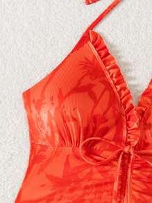 Swim Vcay 女士随机印花纹理荷叶边打结前开襟泳衣