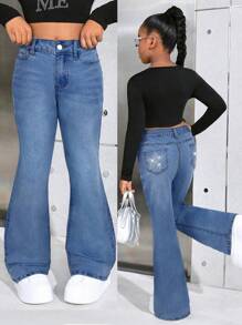 SHEIN Tween Girl Y2K Fashionable Casual Flare Leg Jeans Star Pattern With Rhinestones, Fall Clothes Back To School - Light Wash - View 1