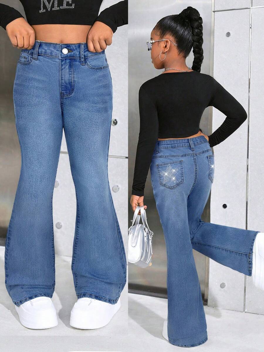 SHEIN Tween Girl Y2K Fashionable Casual Flare Leg Jeans Star Pattern With Rhinestones, Fall Clothes Back To School - Light Wash - View 1
