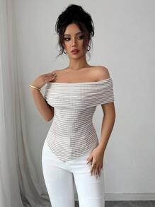 Elenzga Women's Striped Slim Fit Ruched Waist Off Shoulder T-Shirt - Apricot - View 5