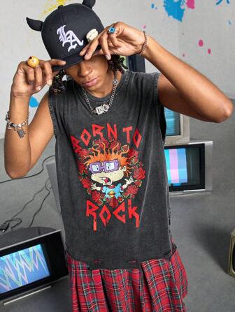 Nick 90's X ROMWE Lässiges Tank Top mit Washed- und Acid-Washed-Print