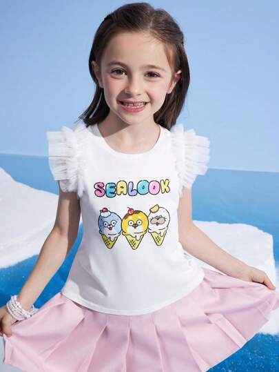 SEALOOK X SHEIN 少女卡通海豹和冰淇淋印花荷叶边袖白色短袖T恤