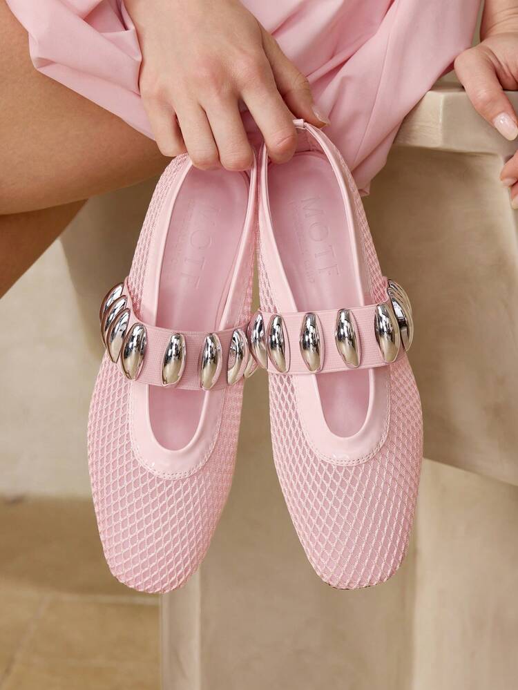 METAL BUCKLE MESH FLAT SHOES BALLET FLATS