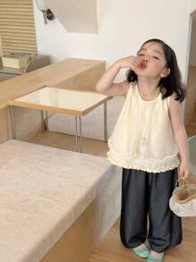 DAZY Set de vară pentru fete tinere, stil coreean, fără mâneci, cu guler rotund, drăguț, cu volane, cămașă și pantaloni largi - Galben - Vizualizare 1