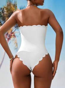 Swim Mod 1pc Solid Color Vacation Arc-Edged Bandeau One-Piece Swimsuit For Women For Summer - White - View 2