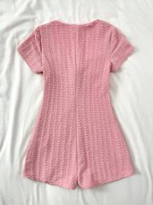SHEIN Leap Crew Teen Girls' Spring & Summer Pink Texture Jacquard Twist-Knot Fitted Waist Short Sleeve Romper, Vacation Casual Minimalist Jumpsuit - Pink - View 2