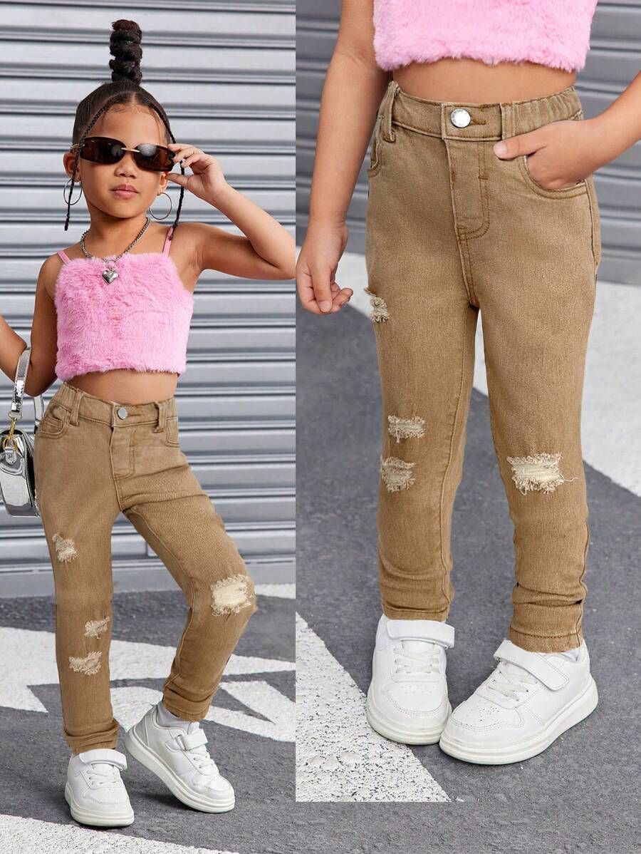 SHEIN Denim Stretch Denim Desgastados Denim para Meninas Jovens, Roupas Legais de Outono e Inverno para Meninas no Dia de Ação de Graças - Damasco - Visão 1