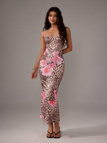 TRNVIE 女式豹纹露背修身鱼尾连衣裙长款女装
