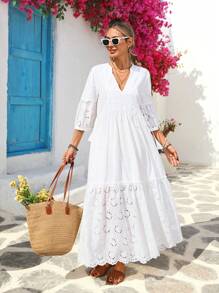 Vivid Eden Damen V-Ausschnitt Fransen-Seil Patchwork Stickerei strukturierter Stoff A-Linie Urlaubskleid