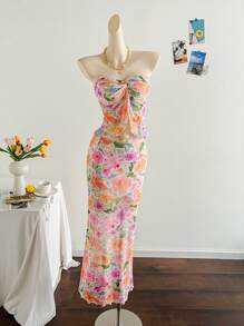 Soleia 2 件女士夏季度假套装：露肩扭花印花短款上衣和紧身荷叶边下摆长裙，适合派对、约会、户外度假、海滩、下午茶的浪漫装扮