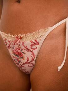 WESTFADE Beige,Summer,Tropical,Beach,Vacation,Holiday Nashville Country Western Cowgirl Floral Print Ruffle Mid Rise Bow High Leg Tie Side Semi Cheeky Bottom - Multicolor - View 4