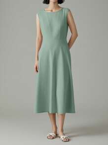 EMERY ROSE 女士纯色简约圆领短袖连衣裙 - 綠色 - 查看 4
