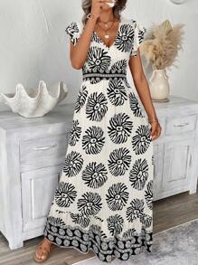 SHEIN LUNE Đầm dài chữ A nhún bèo tay bồng xòe eo nhún bèo cho nữ, Đầm in họa tiết thường ngày cho kỳ nghỉ - Màu be - Xem 3