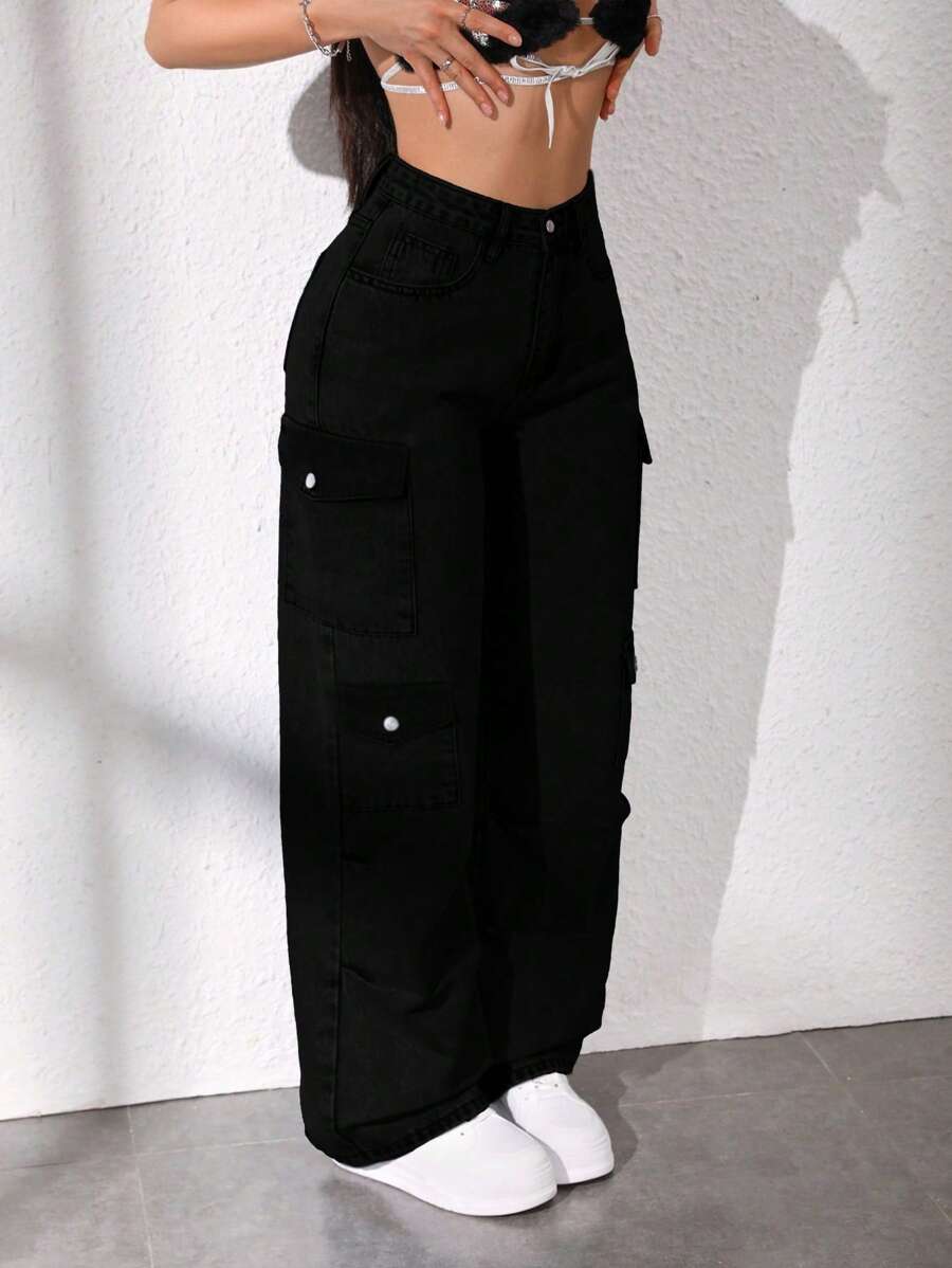 SHEIN ICON 女士休闲牛仔裤，简约时尚，适合日常穿着 - 黑色 - 查看 1