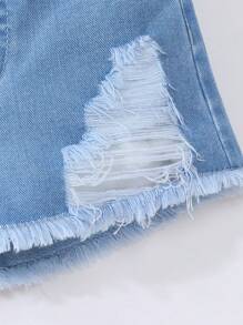 Denimly Young Girl Street 扎染脸图案 T 恤和破洞牛仔松紧腰短裤两件套 - 粉色 - 查看 8