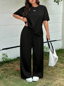 GalTyme 大码春夏圆领短袖上衣和裤子两件套休闲套装