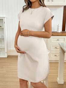 SHEIN 夏季女士休闲纯色短袖连衣裙 白色连衣裙 工作夏季连衣裙 女士短裙 夏季女装 女士夏季服装 - 杏色 - 查看 3