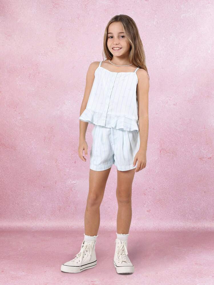 가볍고 통기성 좋은 스트라이프 패턴 러플 탱크탑 반바지 세트