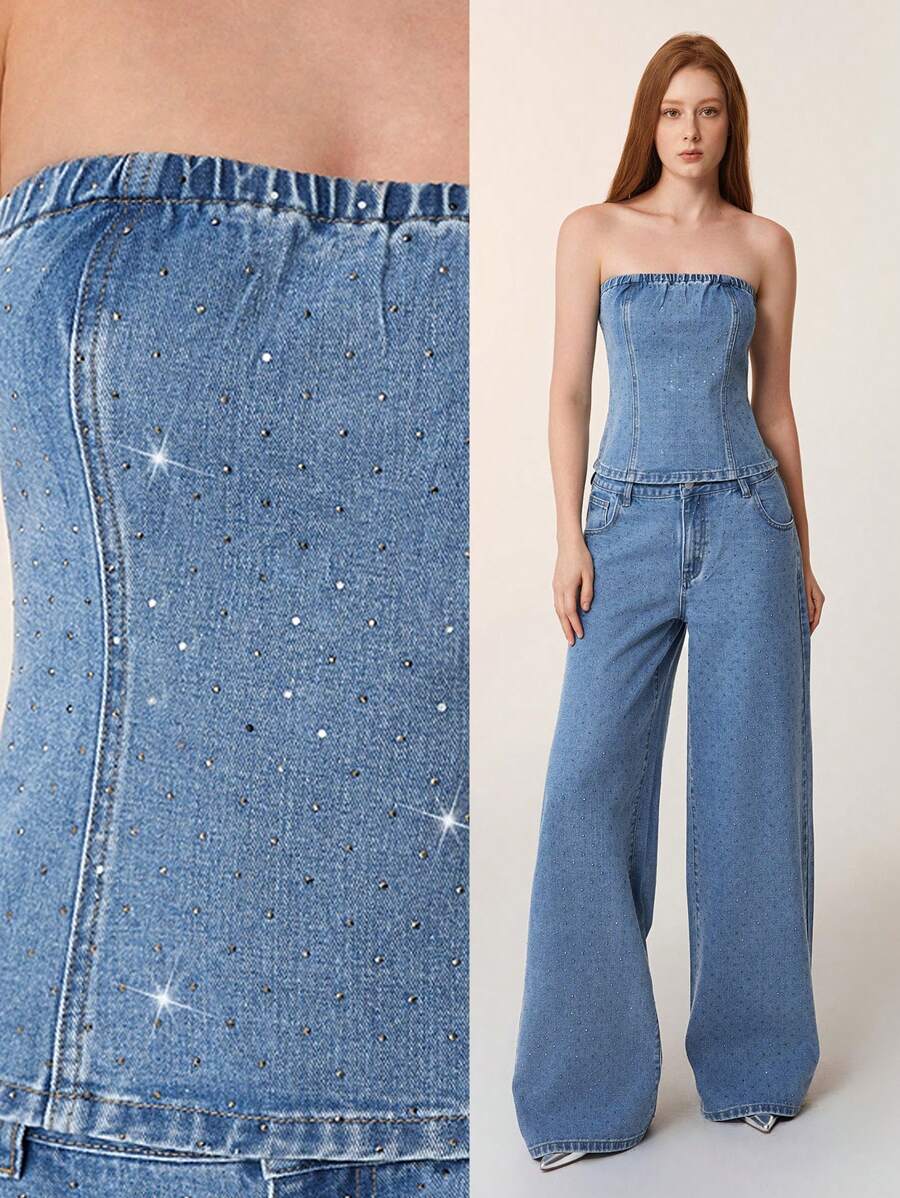 SHEIN BAE Top scurt din denim, plisat, casual, pentru femei, Y2K, pentru vară