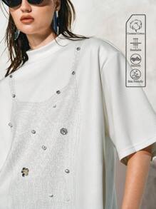 Arave 女式白色超大艺术印花垫肩3D花朵亮片上衣，女式宽松上衣，女士度假装，女士夏装，女士夏装，短款上衣，外出上衣 - 白色 - 查看 2