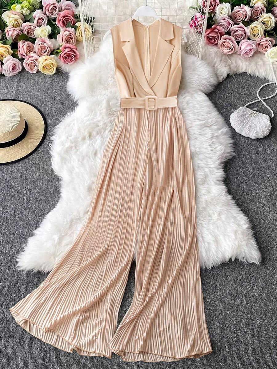 DreamSkyne Ärmellose Jumpsuit in Unifarbe in Große Größen, elegantes Design für den Sommer - Aprikosenfarben - Übersicht 1