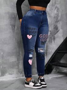 SHEIN SXY Plus Size Denim Stretch Skinny Jeggings With Elastic Waist And Printed Design