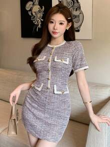 DAZY 夏季新款女式格纹纽扣设计短袖修身迷你连衣裙 - 粉色 - 查看 4