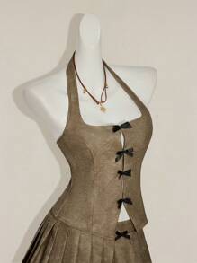 SHEIN ICON Sexy Hottie Retro PU Bowknot Backless Crop Top And Pleated Mini Skirt 2-Piece Set - Green - View 7