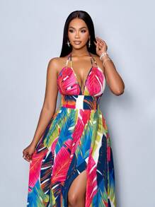 SOLERSUN 女式休闲假日深 V 领露背褶皱开叉大腿长裙，带植物印花