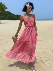 DAZY فستان كاجوال مقلم بحمالات سباغيتي، طراز العطلات، أزياء الشاطئ للسيدات