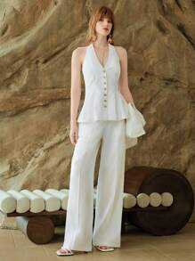 SHEIN LUNE 女士 2 件春夏套装：露背吊带上衣和高腰裤，白色，修身，优雅淑女风格，商务休闲女装，女士办公室服装，全白女装，2 件套夏季 - 白色 - 查看 6