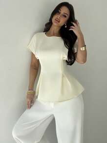 Firerie Chemise élégante et simple à manches courtes pour femmes avec design plissé et ceinture à la taille, style vintage texture bambou abricot, convient pour le trajet, les vacances, la remise des diplômes, l'usage quotidien