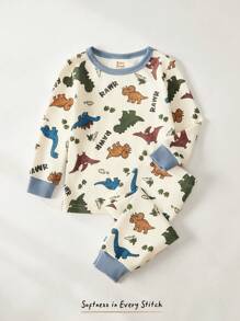 Cozy Pixies 2 件套男婴卡通恐龙印花针织柔软圆领长袖上衣和松紧腰长裤舒适睡衣套装 - 彩色 - 查看 1
