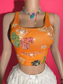 Slaydiva 2025 Neue Sommer Ankunft Sexy Lässig Urlaubsstil orangefarbener figurbetonter floraler Pailletten-Stickerei Muster Damen Chiffon Bademodenstrandkleid, geeignet für Musikfestivals, Ostern, Strandurlaub, Alltagsmode, Abschlussfeier, Sexy Club, Geburtstagsparty, Boho-Stil