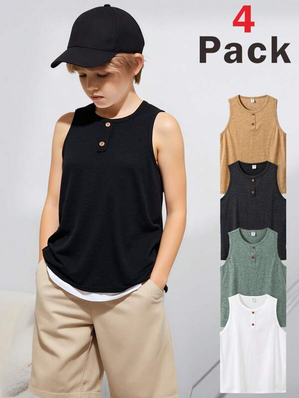 4pcs/Set Tween Boys' Comfortable, Breathable, Sweat-Wicking Basic Solid Sleeveless Crew Neck Knit Undershirts, Versatile For Daily Wear, Spring/Summer, Suitable For Casual, Sports, Outings, School, Gatherings, Holidays, Photoshoots, Back-To-School