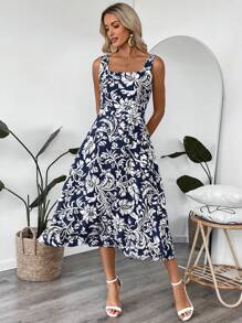 EMERY ROSE Women's Floral Print Square Neck Sleeveless Midi Dress, Holiday Wear Vacation Dress - Blue - View 3
