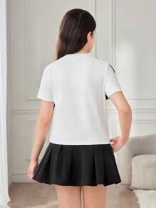 Tween Girls Tricou cu mânecă scurtă, cu mânecă scurtă, cu decor floral 3D, de culoare uni, din tricot, alb