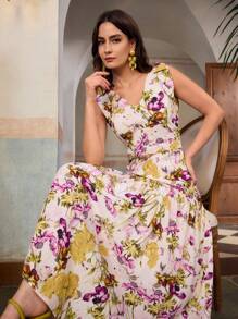 ZEYLAH 中长款无袖束腰蝴蝶结装饰度假连衣裙，夏季 - 彩色 - 查看 1