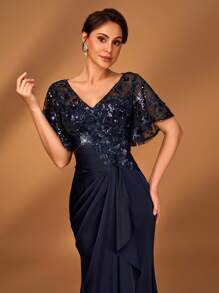 Serin Elegant Luxurious Sequin Floral Lace Patches Patchwork Stretch Satin Ruched Flounce Trim Sleeves Dress, Suitable For Wedding, Party, Holiday, Prom, Evening Gown, Mother Of The Bride - Navy Blue - View 1