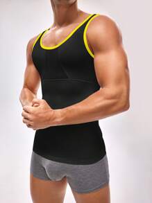 Men's Contrast Binding Breathable Elastic Compression Shapewear Top Slim Fit - Black - View 7