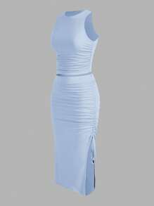 SHEIN Girlism Tween Girls Fitted Knitted Bodycon Pleated Midi Skirt 2 Pieces Set, Casual - Baby Blue - View 3