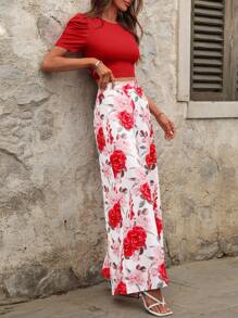 Ellevyn 2 Stücke Damen Set aus Pullover mit Blume Muster, Rundhalskragen und Puffärmeln sowie weiten Hosen, romantisch und elegant für den täglichen Gebrauch - Rot - Übersicht 6