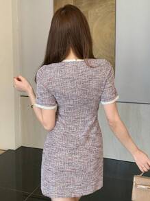 DAZY 夏季新款女式格纹纽扣设计短袖修身迷你连衣裙 - 粉色 - 查看 2