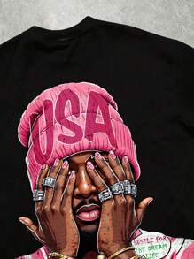 Manfinity Roghcode Men's Casual Cartoon Character Print Short Sleeve T-Shirt, Summer - Black - View 2