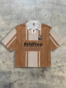 AXEPEAK 男士宽松数码印花短袖 Polo 衫，街头潮流必备单品 - 棕色 - 查看 1