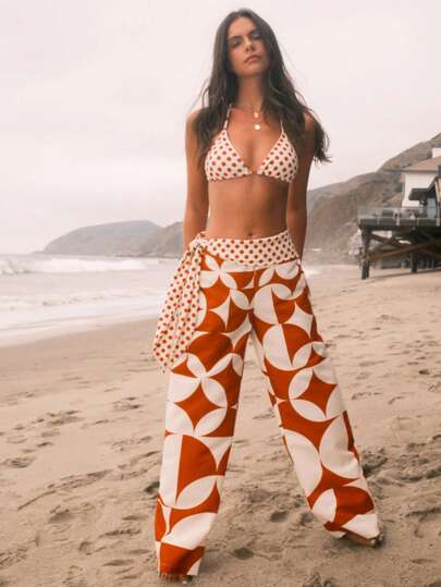 WESTFADE Summer Polka Dot & Geometric Mixed Print Mid Rise Foldover Waistband Cute Bow Tie Side Wide Leg Boho Beach Pants Nashville Western Cowgirl Rodeo Vacation
