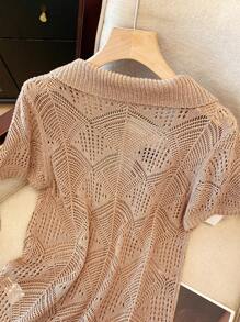 Franclia Women Solid Color Hollow Out Single Breasted Thin Short Sleeve Cardigan - Bronze - View 7