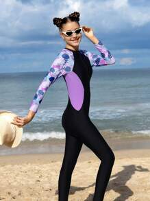 SHEIN Maiô Estampado com Floral Tropical e Zíper na Frente, Manga Raglan, para Adolescentes, Adequado para Mergulho, Surfe, Natação Atlética, Rashguard de Mangas Longas Sólida e Ajustada, Estilo Conservador Adequado para Verão, Praia, Piscina, Férias