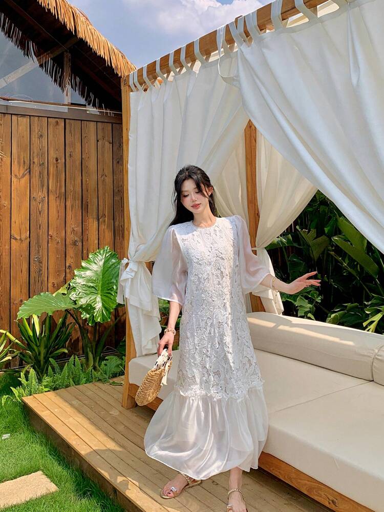 Women's Elegant Crew Neck Contrast Lace Bohemian Style Mid-Calf Length Dress, Ideal For Vacation Prom Dress Carnival Dress