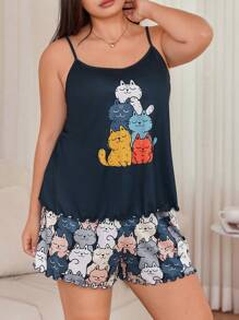 Dream Adore Plus Size Colorful Cat Print Cami & Shorts Pajama Set